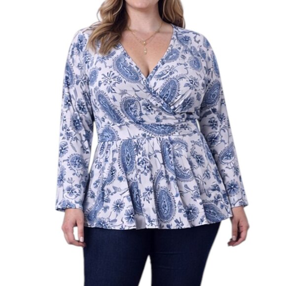Tops - Plus Size V-Neck Banded Waist Promenade Boho Paisley Wrap Peplum Floral Top